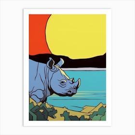A Rhino In The River Block Colours 4 Art Print