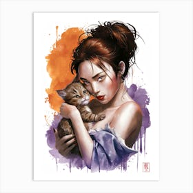 Chinese Girl With Kitten Art Print