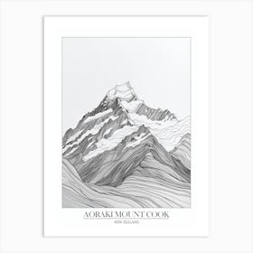 Aoraki Mount Cook New Zealand Line Drawing 3 Poster 2 Art Print