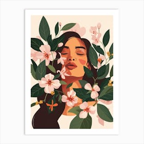 Woman With Flowers And Leaves Art Print