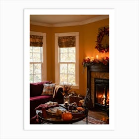 Autumn Themed Cozy Living Room Warm Golden Light Bathing The Room Soft Textures Of Plush Pillows N (6) Art Print