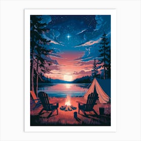 Anime Canvas Art: Tranquil Lakeside Sunset with Glowing Campfire, Vibrant Orange and Blue Sky with Twinkling Stars, Perfect for Lofi Nature and Camping Enthusiasts. Poster