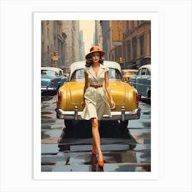 New York Middle 20th Century Walking Girl Retro Cars 2 Art Print