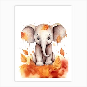 An Elephant Watercolour In Autumn Colours 1 Art Print