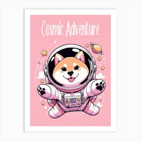 A Cute Happy Shiba Inu Astronaut On A Pink Background Art Print