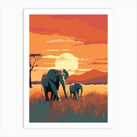 Sunset Elephants in Savana Art Print