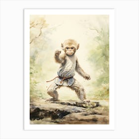 Monkey Painting Practicing Tai Chi Watercolour 4 Art Print