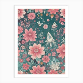 Pink Flowers And Butterflies Art Print