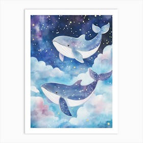 Watercolor, Cute And Dreamy, Baby Whales Swimming In The Clouds Art Print