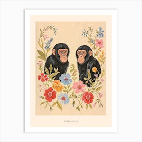 Folksy Floral Animal Drawing Chimpanzee 6 Poster Art Print