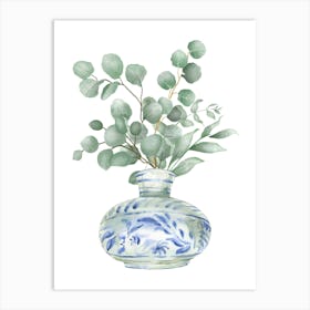 Eucalyptus Flowers leaves in a vase green and blue print Art Print