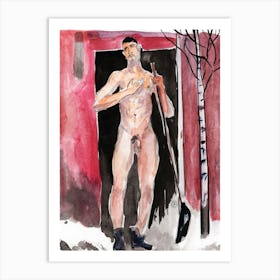 Male Nude With A Snow Shovel - man erotic homoerotic watercolor Anton Maliar red black Art Print