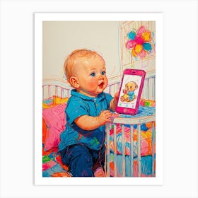 Baby Playing With A Cell Phone Art Print