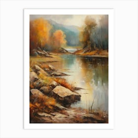 Autumn Lake,Forest Lake, Vintage Oil Painting, Farmhouse Wall Decorations, Antique Landscape, Vintage Landscape Oil Painting.8 1 Art Print