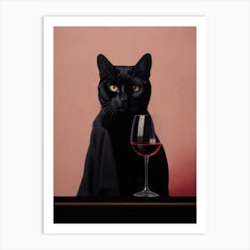 A Black Cat With A Wine Glass Painting Art Print