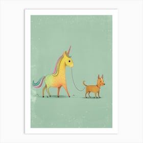 Pastel Storybook Style Unicorn Walking A Dog 1 Art Print