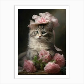 Cat With A Pink Headpiece & Flowers Art Print