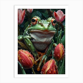 Frog with tulips Art Print