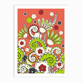 Doodles, Spring Garden, Green and terracotta version Art Print