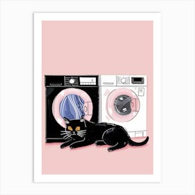 Cat In Front Of Washing Machine Art Print