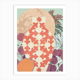 Abstract Still Life Collage Vase with Dahlias and Citrus, Tangerine, Plum, and Ivory No.372024-03 Art Print