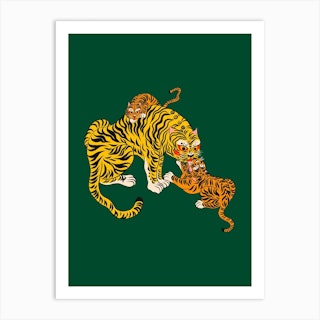 Wild Tiger Mama Green Art Print