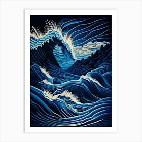 Rushing Water In Deep Blue Sea Water Waterscape Retro Illustration 2 Art Print