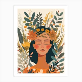 Woman With Flowers On Her Head Art Print