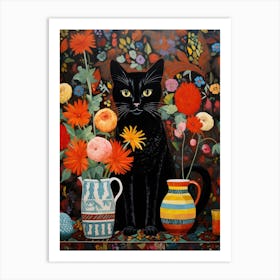 Black Cat With Flowers Art Print