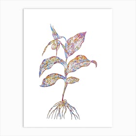 Stained Glass Yellow Lady's Slipper Orchid Mosaic Botanical Illustration on White n.0186 Art Print