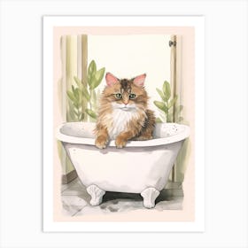 Norwegian Forest Cat In Bathtub Botanical Bathroom 2 Art Print