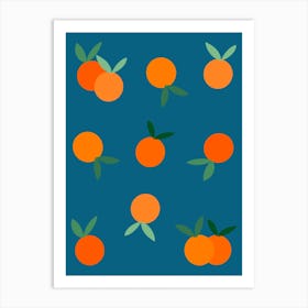 Oranges On A Blue Background Art Print