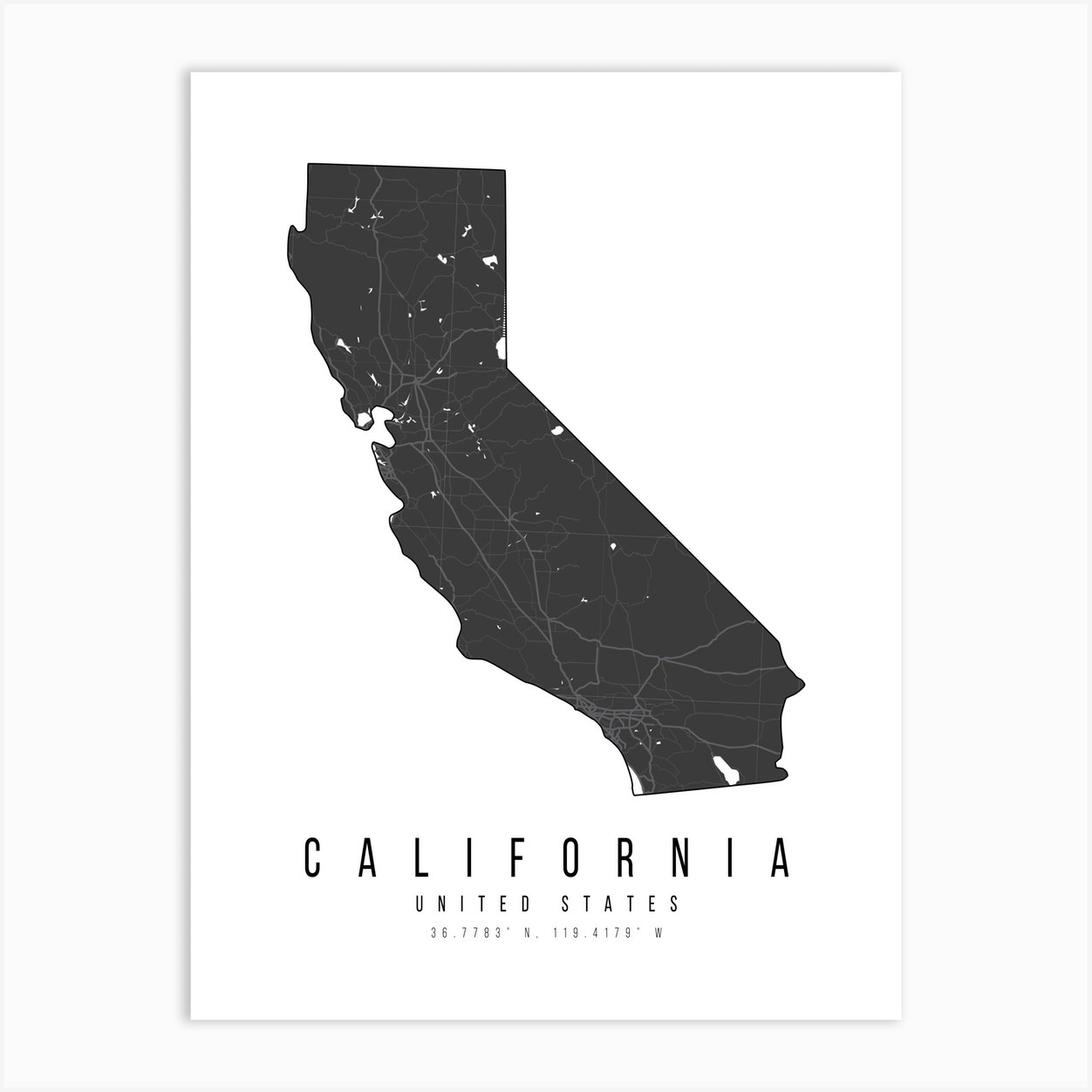 California Mono Black And White Modern Minimal Street Map Art