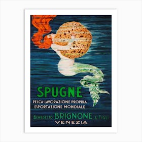 Mermaid With Sponge Vintage Poster Art Print