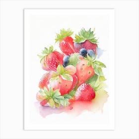 Bunch Of Strawberries, Fruit, Gouache Art Print