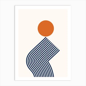 Geometric Lines Sun Rainbow Balance Playful Abstract in Navy Blue and Orange 3 Art Print