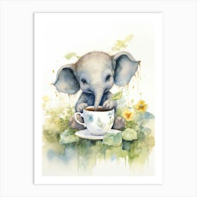Elephant Painting Drinking Tea Watercolour 1 Art Print