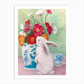 Chinoiserie Rabbit And Anemones Art Print