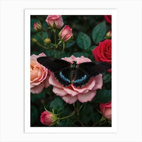 Butterfly On Roses 2 Art Print