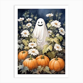 Cute Bedsheet Ghost, Botanical Halloween Watercolour 146 Art Print
