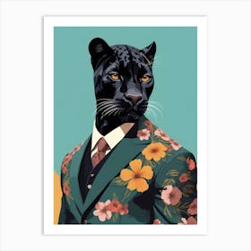 Floral Black Panther Portrait In A Suit (11) Art Print