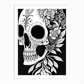 Skull With Bird Motifs Black And White Doodle Art Print