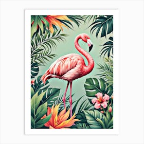 Vintage Style Flamingo Surrounded By Tropical Leaves, Retro Vibes Art Print