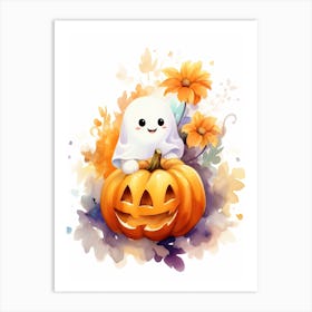 Cute Ghost With Pumpkins Halloween Watercolour 112 Art Print