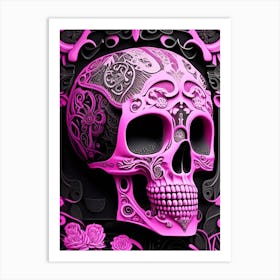 Skull With Steampunk Details 1 Pink Linocut Art Print