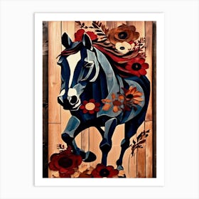 Denim Carved Wood Horse With Flowers Art Print