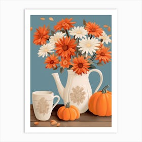 Pitcher With Sunflowers, Atumn Fall Daisies And Pumpkin Latte Cute Illustration 6 Art Print