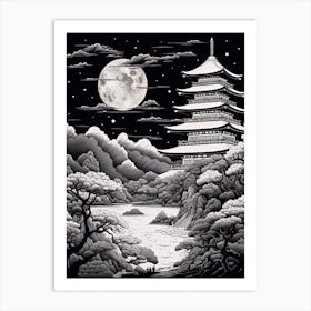 Chureito Pagoda In Yamanashi, Ukiyo E Black And White Line Art Drawing 3 Art Print