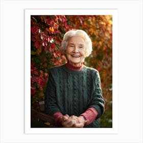 Elderly Woman Smiles Surrounded By A Vibrant Array Of Fall Foliage Golden And Crimson Leaves Frame Art Print