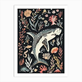 Hammerhead Shark Seascape Black Background Illustration 1 Art Print